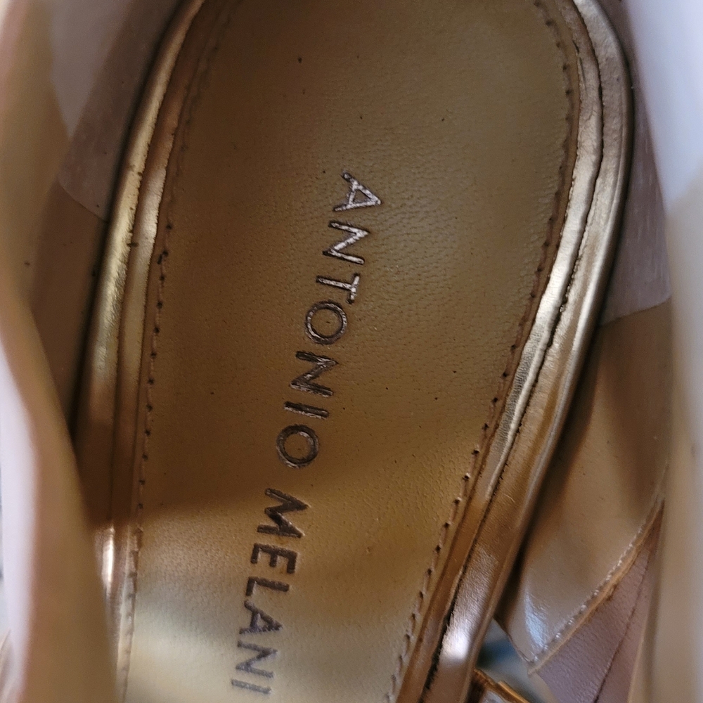 ANTONIO MELANI Blush Pink and Gold Strappy Peep-Toe Heels - Picture 2 of 7